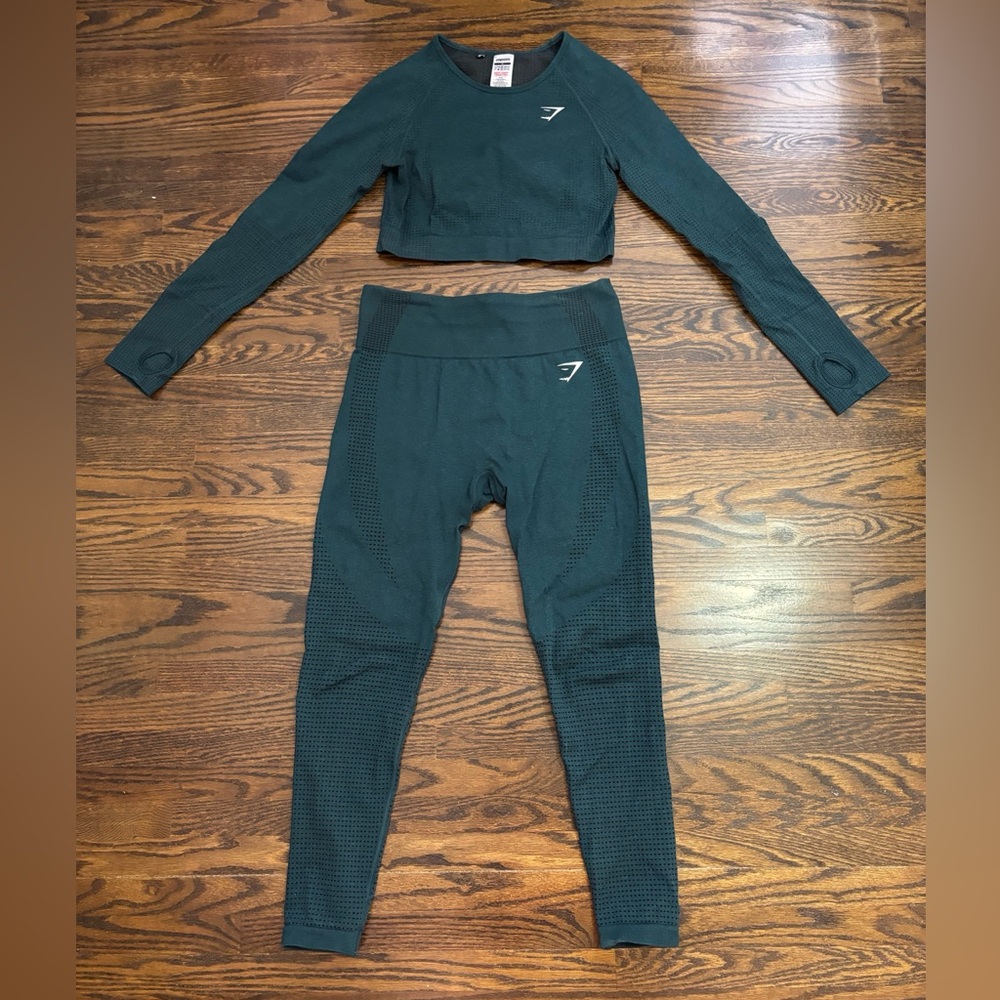 Gymshark matching set leggings and crop top long sleeve deep teal marl